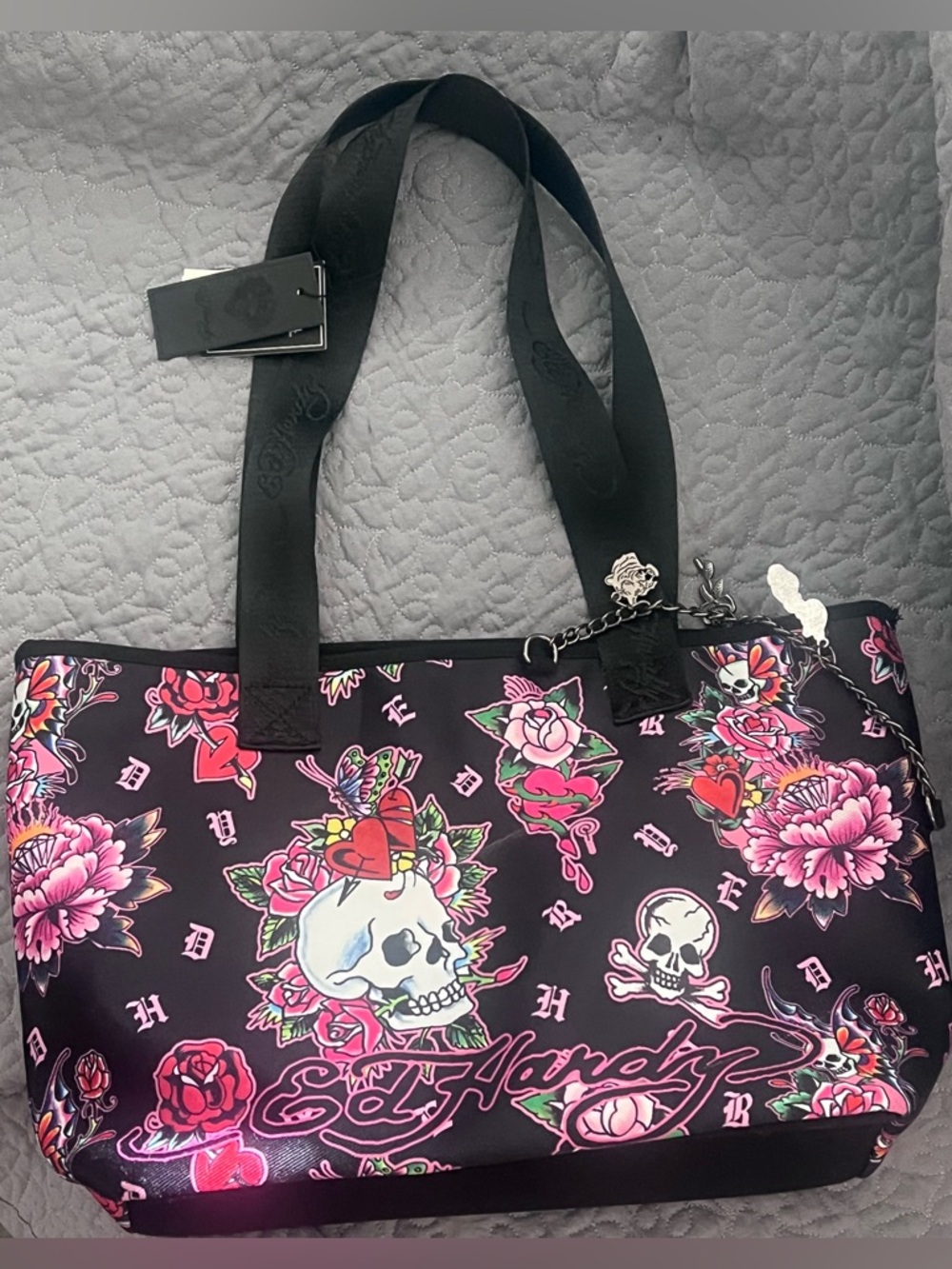 Ed Hardy Black Tote with Pink & Red Floral Skull Print